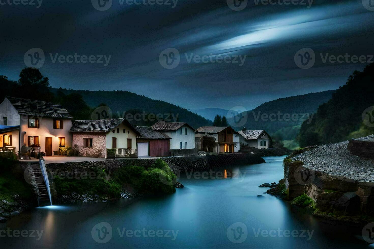 un' fiume corre attraverso un' villaggio a notte. ai-generato foto