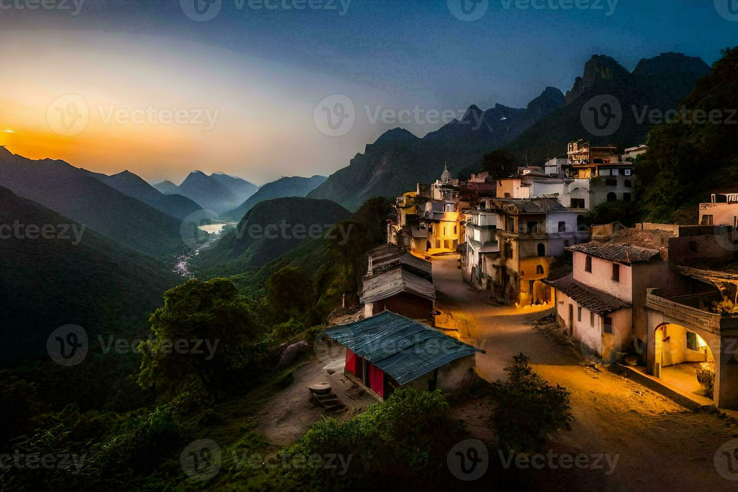 foto sfondo il cielo, montagne, villaggio, tramonto, Cina, il cielo, montagne,. ai-generato