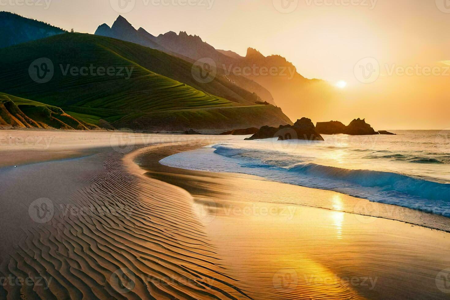 il sole sorge al di sopra di il oceano e il montagne nel Questo bellissimo spiaggia. ai-generato foto