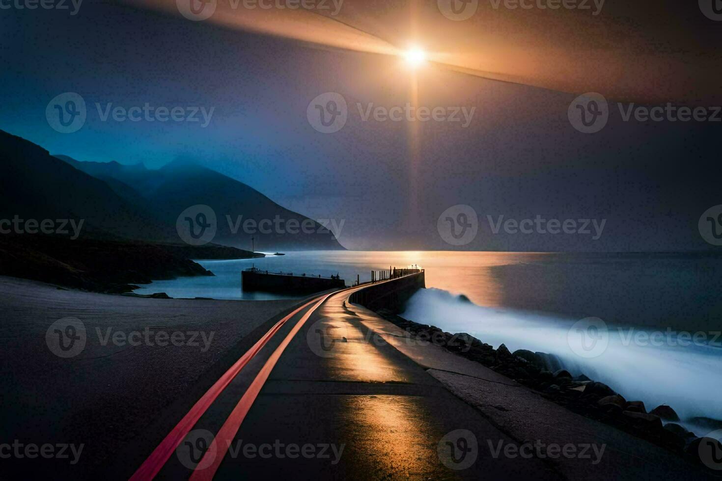 un' lungo strada principale per il oceano a notte. ai-generato foto
