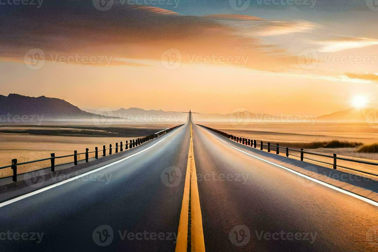 un' lungo strada con il sole ambientazione al di sopra di il deserto. ai-generato foto