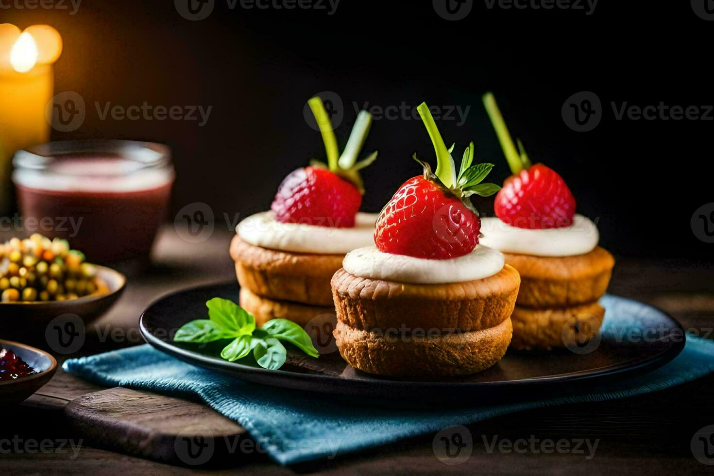 tre mini torte con fragole su superiore. ai-generato foto