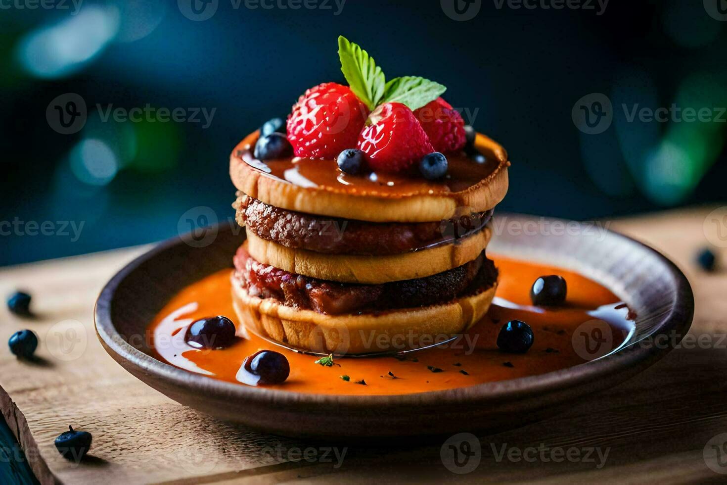 Pancakes impilati su superiore di ogni altro con frutti di bosco e sciroppo. ai-generato foto