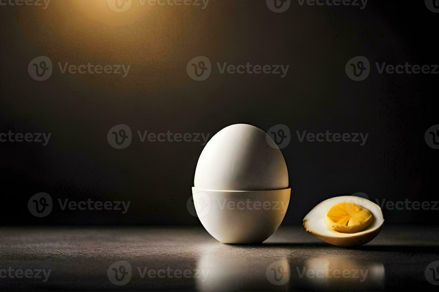 un uovo e un' metà conchiglia su un' tavolo. ai-generato foto