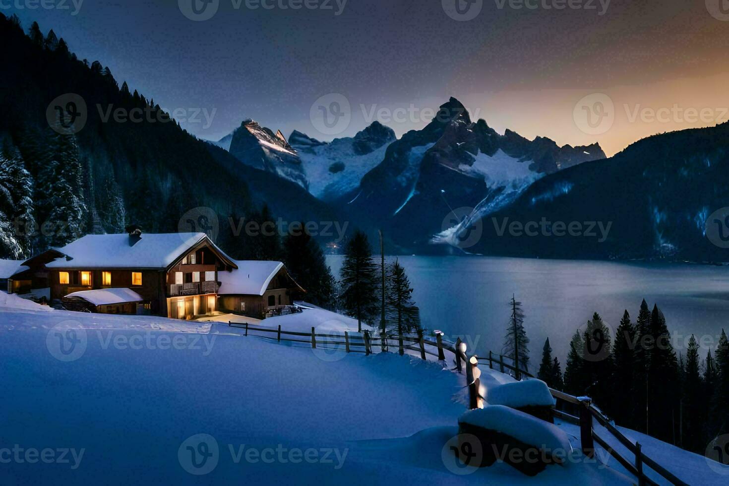 un' cabina nel il neve con montagne nel il sfondo. ai-generato foto