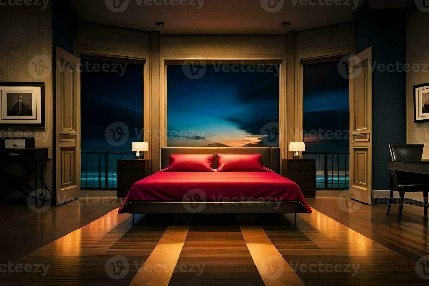 un' Camera da letto con un' Visualizza di il oceano. ai-generato foto