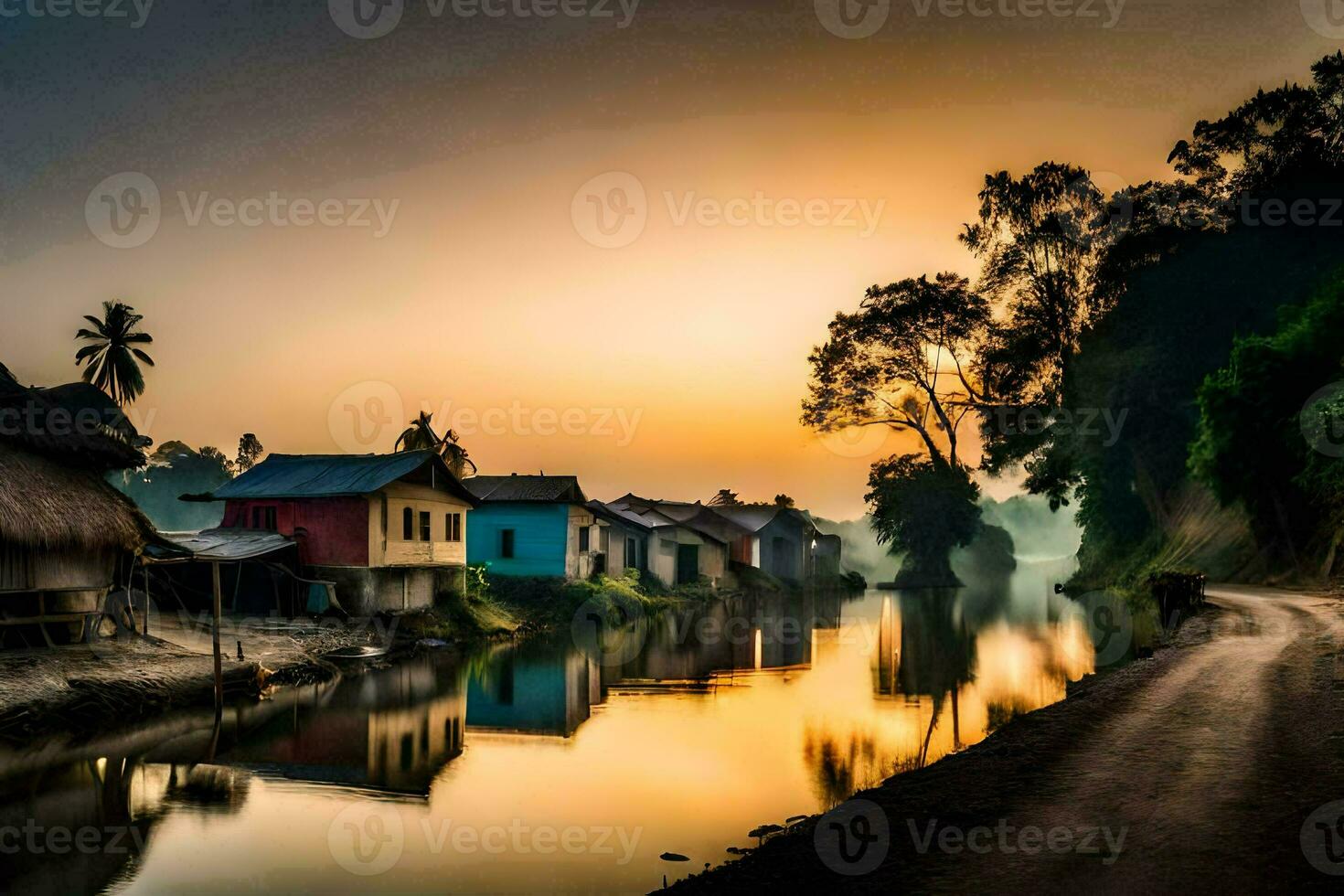 un' fiume corre attraverso un' villaggio a tramonto. ai-generato foto