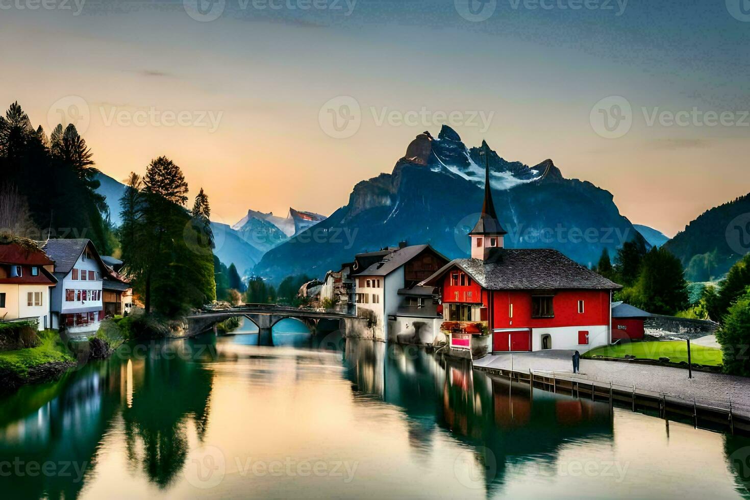 il sole imposta al di sopra di un' fiume e un' montagna gamma. ai-generato foto