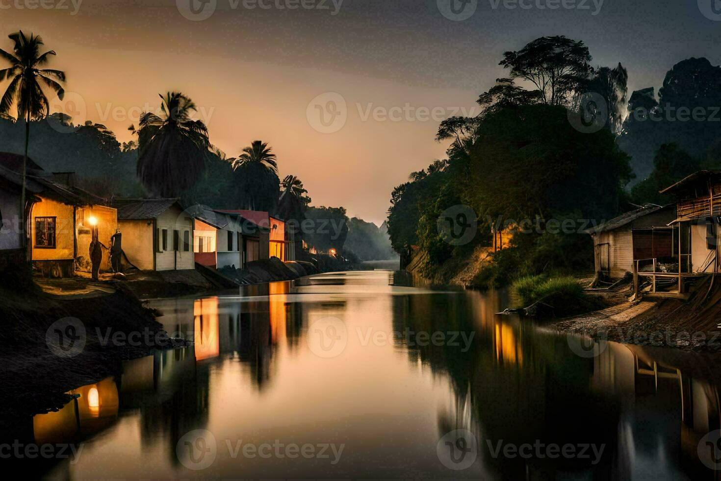 un' fiume corre attraverso un' villaggio a tramonto. ai-generato foto