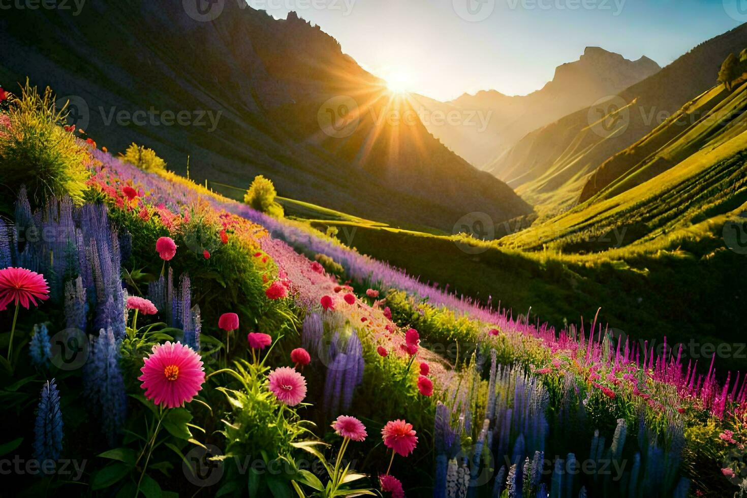 fiori nel il montagne a tramonto. ai-generato foto