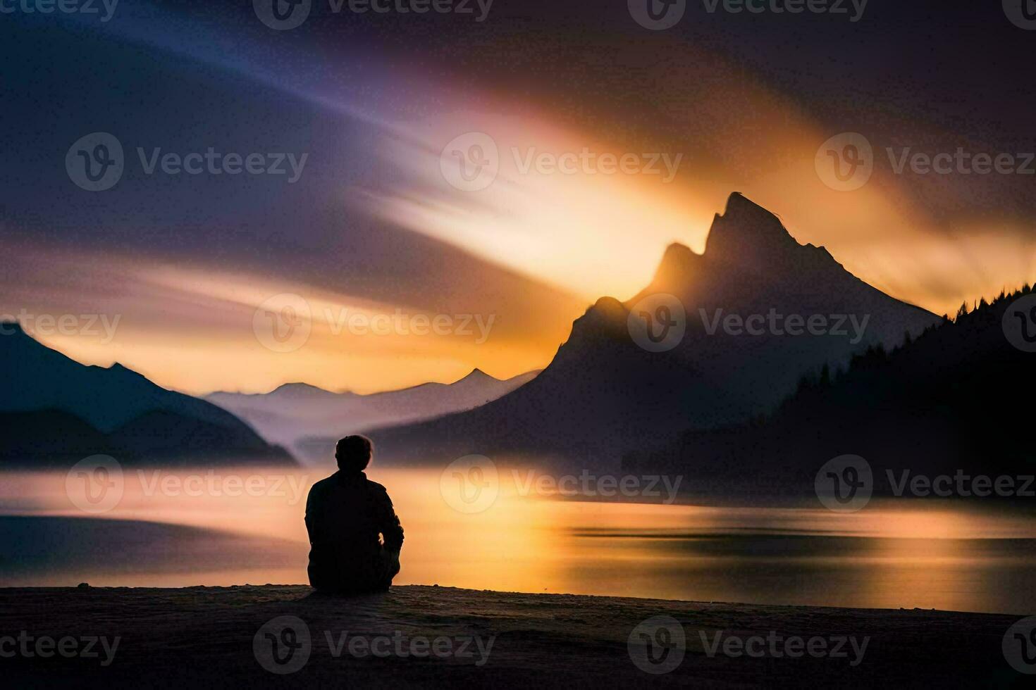 un' uomo si siede nel meditazione nel davanti di un' lago a tramonto. ai-generato foto