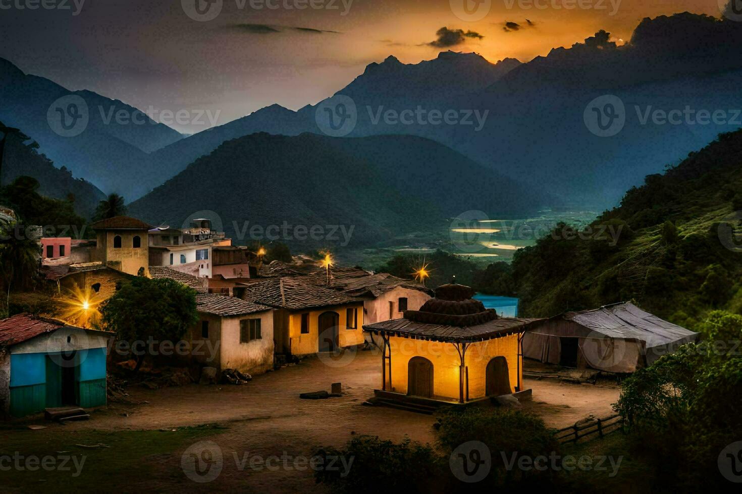 foto sfondo il cielo, montagne, villaggio, tramonto, il villaggio, il villaggio, il villaggio. ai-generato