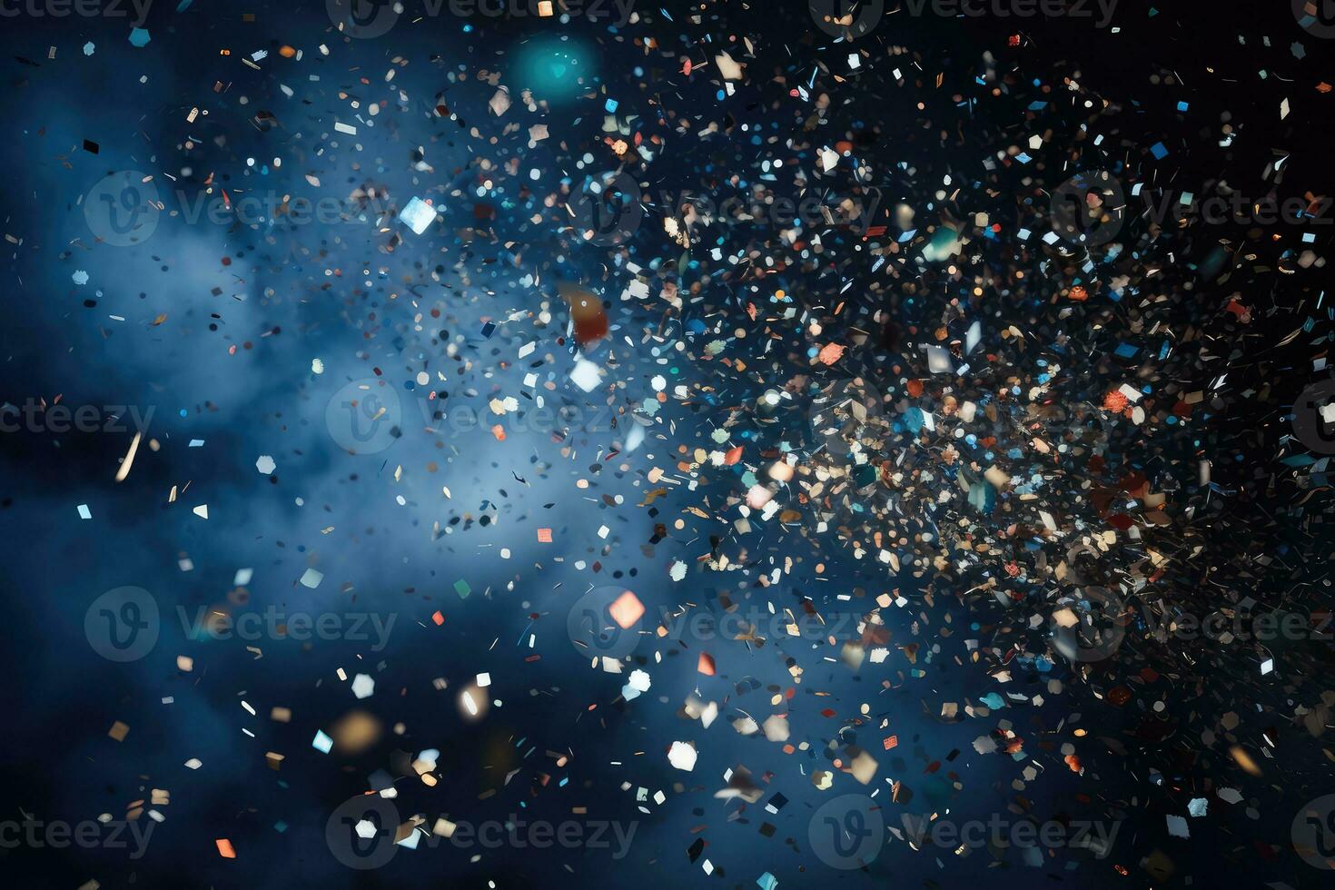 ai generato. astratto festivo blu bokeh sfondo di sfocato multicolore scintillare spruzzo di coriandoli foto