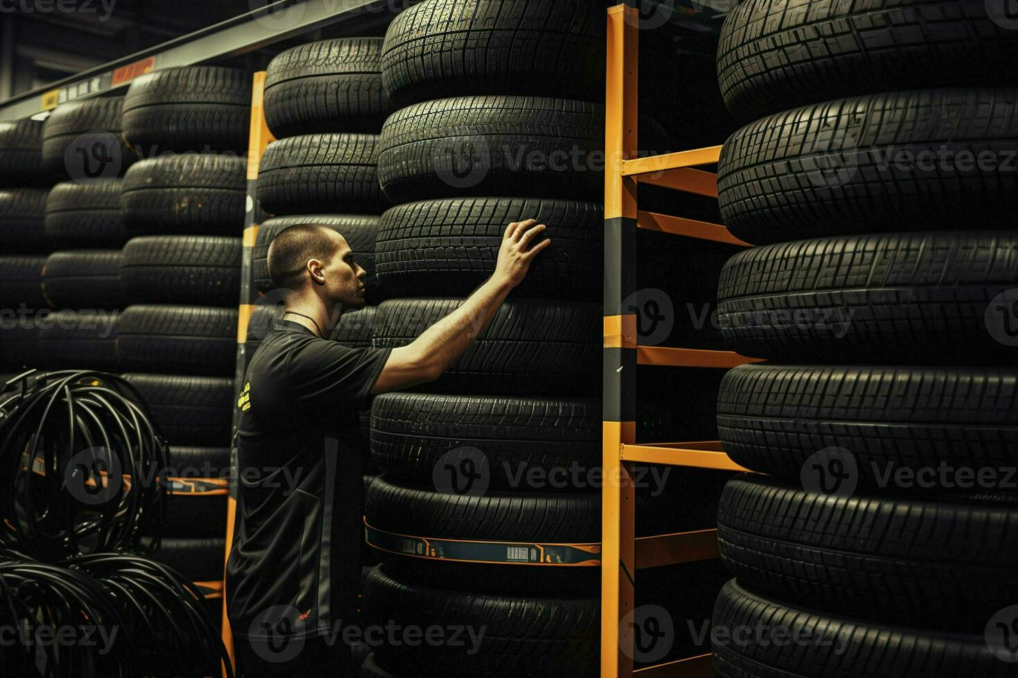 ritratto di un' maschio meccanico Lavorando con pneumatici nel un' auto riparazione negozio. ai generato. professionista foto