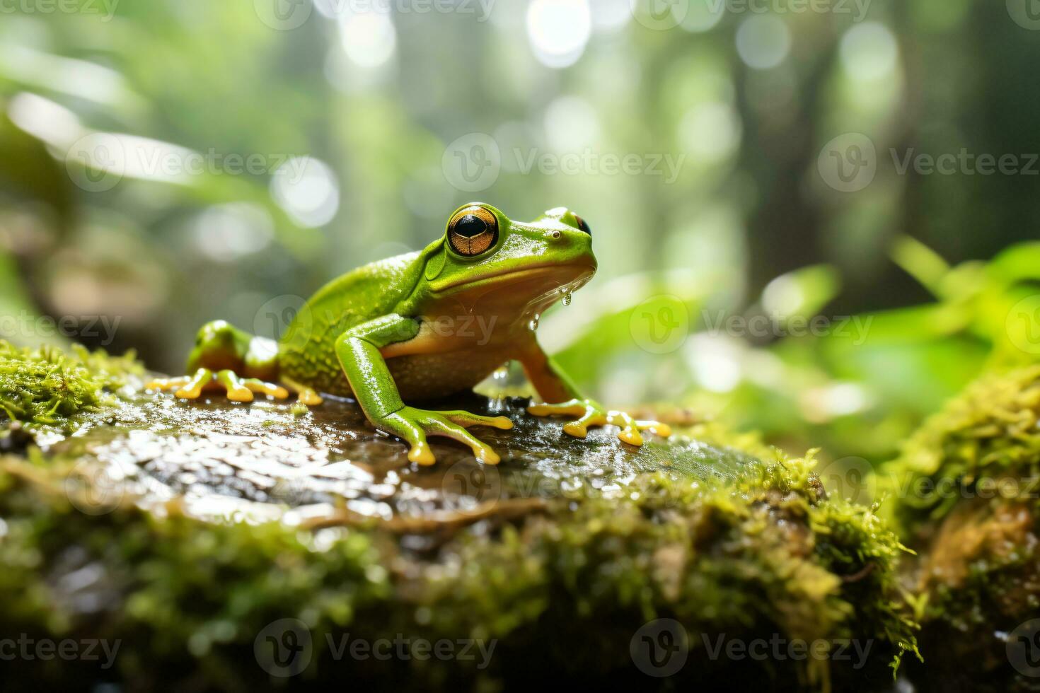 un' avvicinamento di un' verde rana seduta su un' roccia nel acqua. ai generativo foto