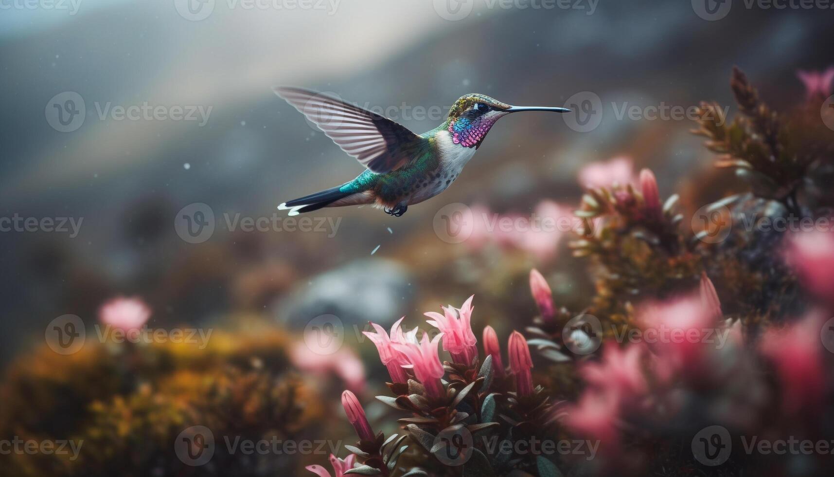 colibrì librarsi al di sopra di vivace Multi colorato fiore generato di ai foto