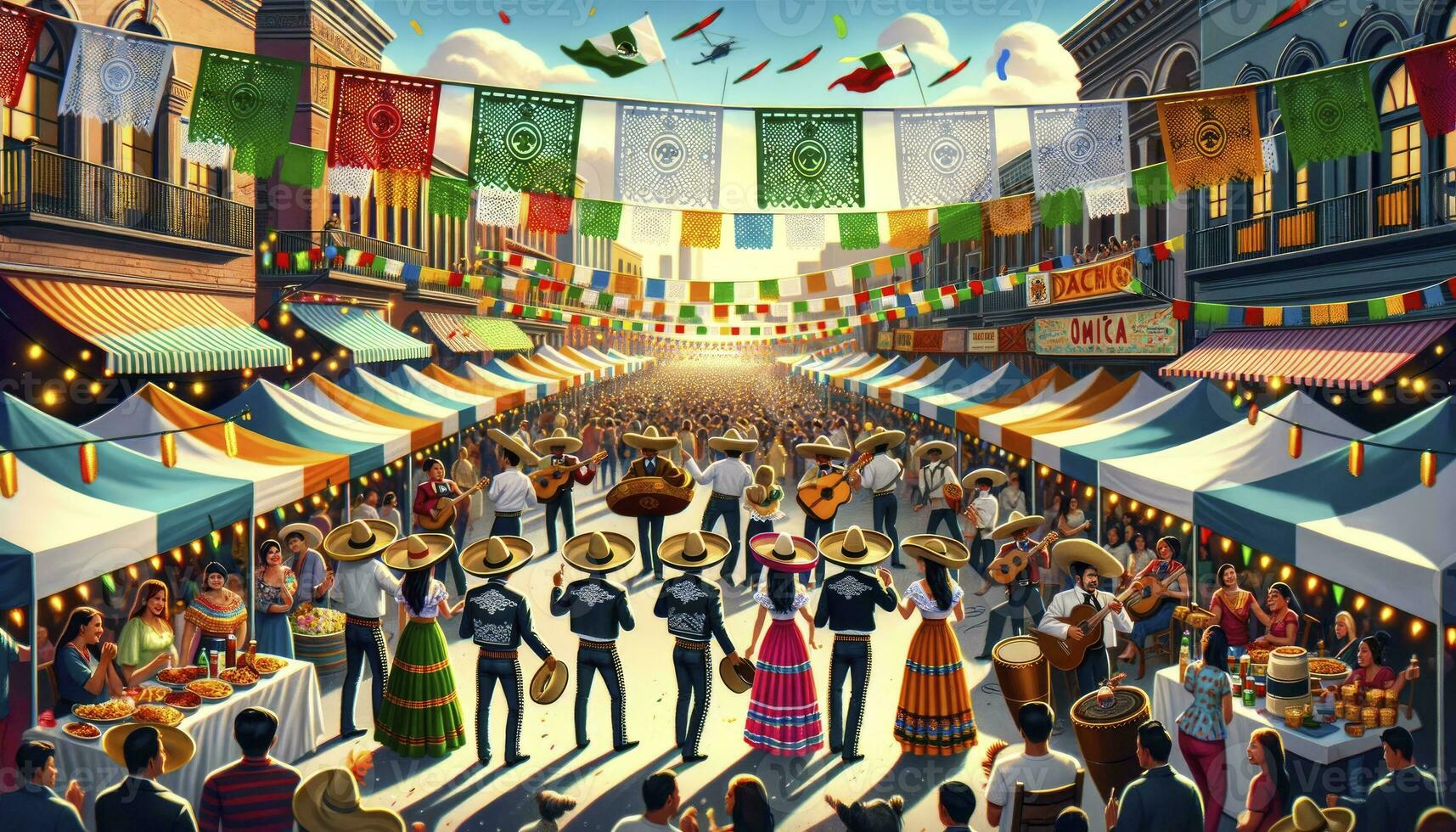 un' vivace cinco de mayo strada Festival con persone festeggiare nel tradizionale abbigliamento, bancarelle, e colorato bandiere. ai generativo foto