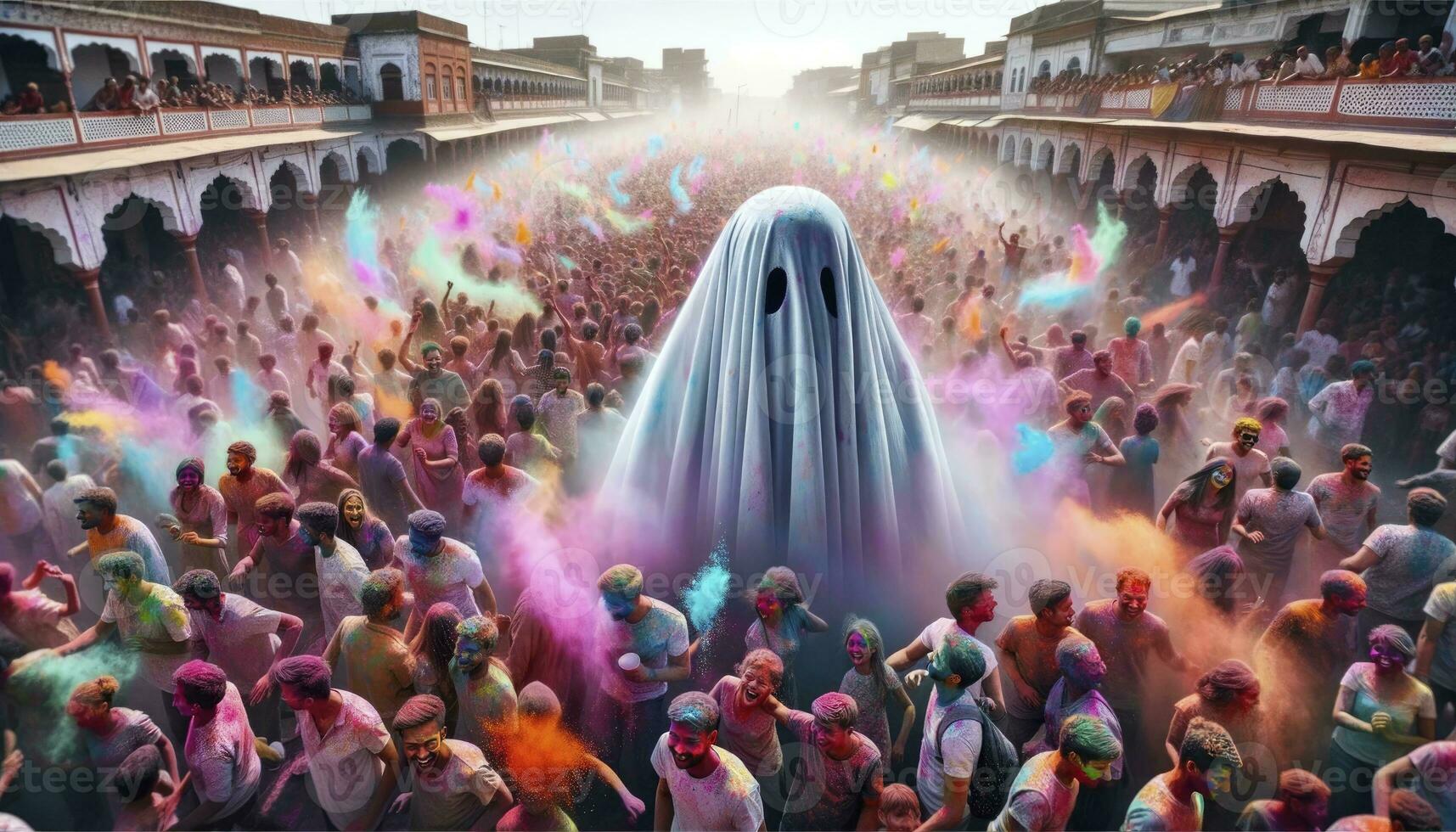 holi Festival con un' tetro spettrale figura librarsi in mezzo il folla, ai generativo foto
