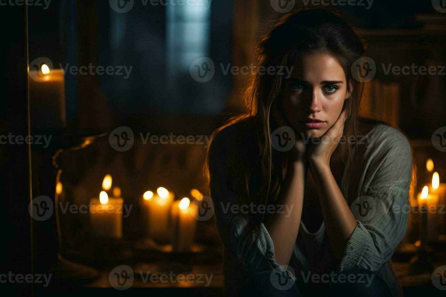 giovane donna raffigurante intenso emotivo angoscia nel debolmente illuminato solitudine foto