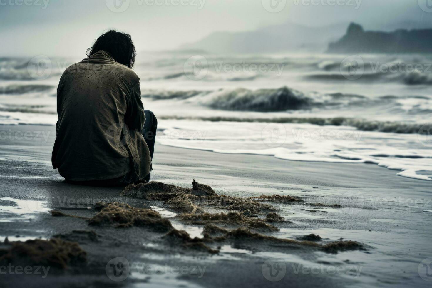 afflitto individuale seduta solo visualizzazione tristezza su un Stranamente silenzioso spiaggia foto