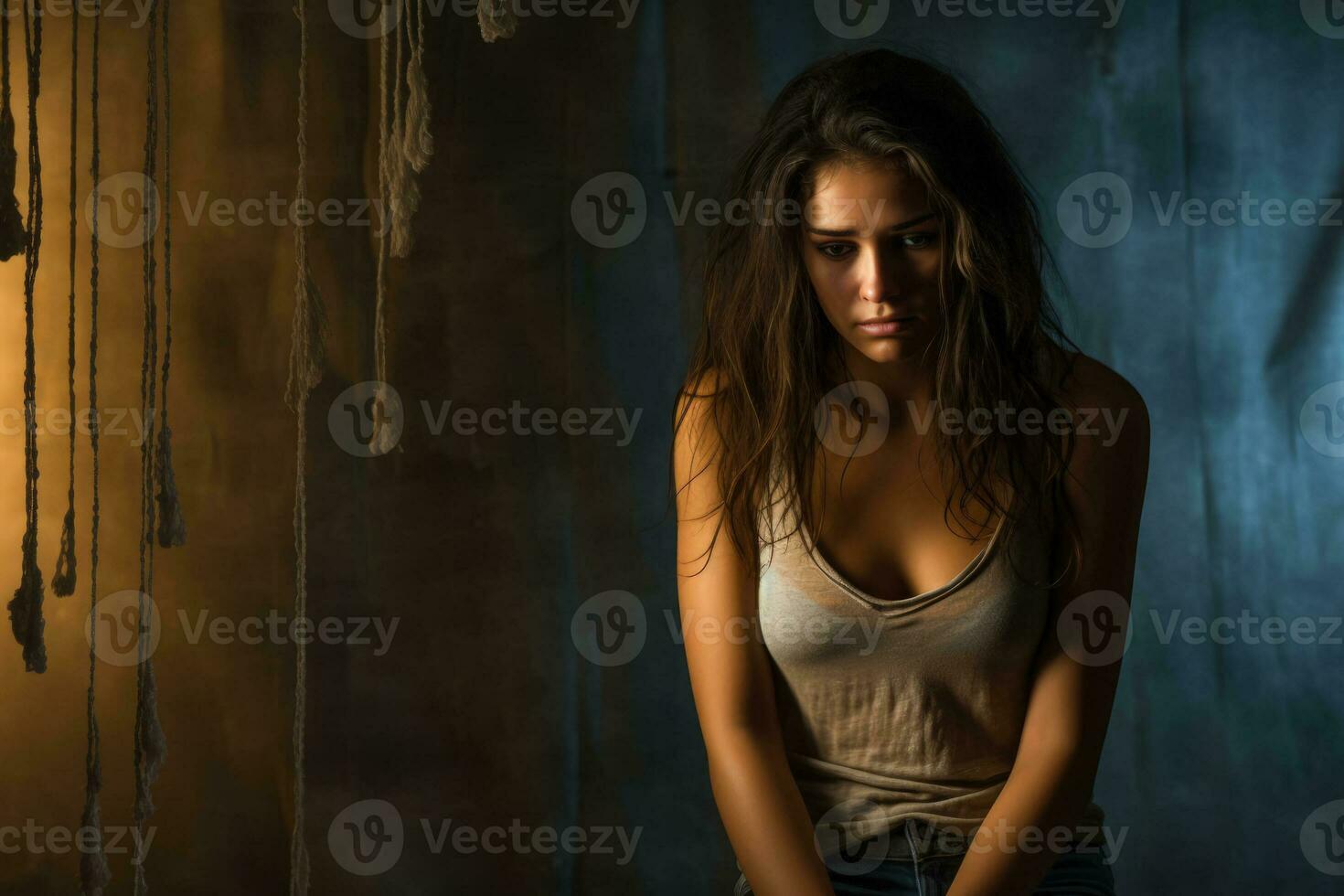 depresso giovane donna nel debolmente illuminato camera isolato su un' pendenza sfondo foto