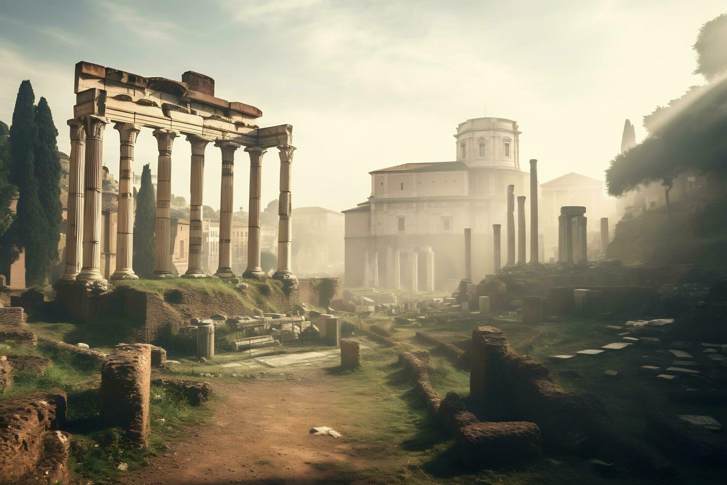 antico romano rovine a il romano Forum generativo ai foto