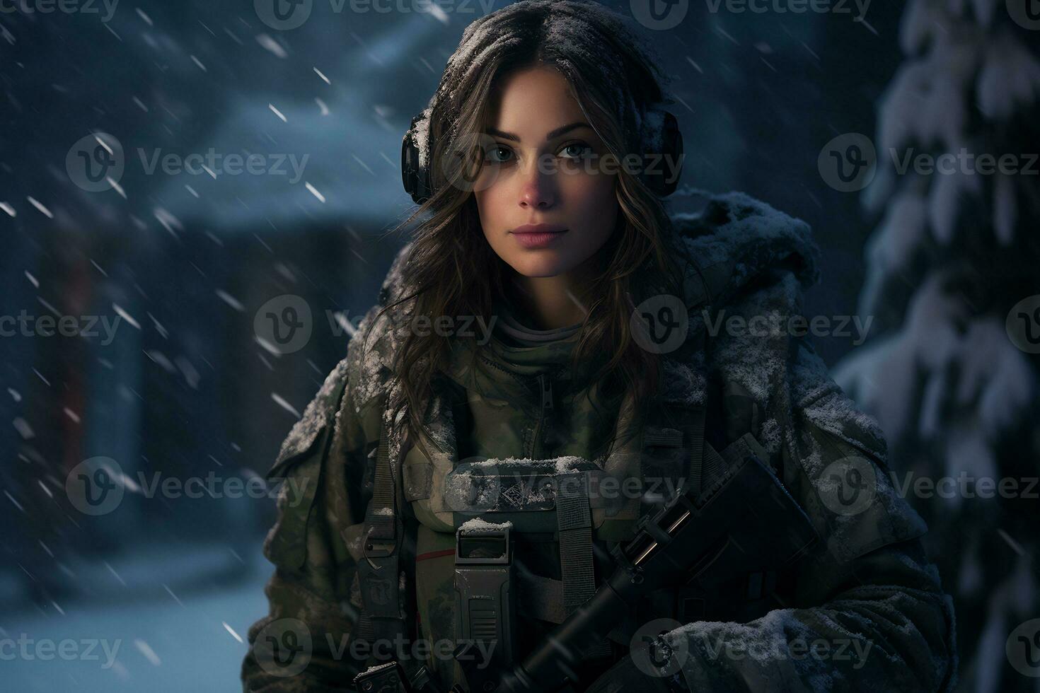 un' femmina soldato è su dovere nel un' nevoso posto ai generativo foto