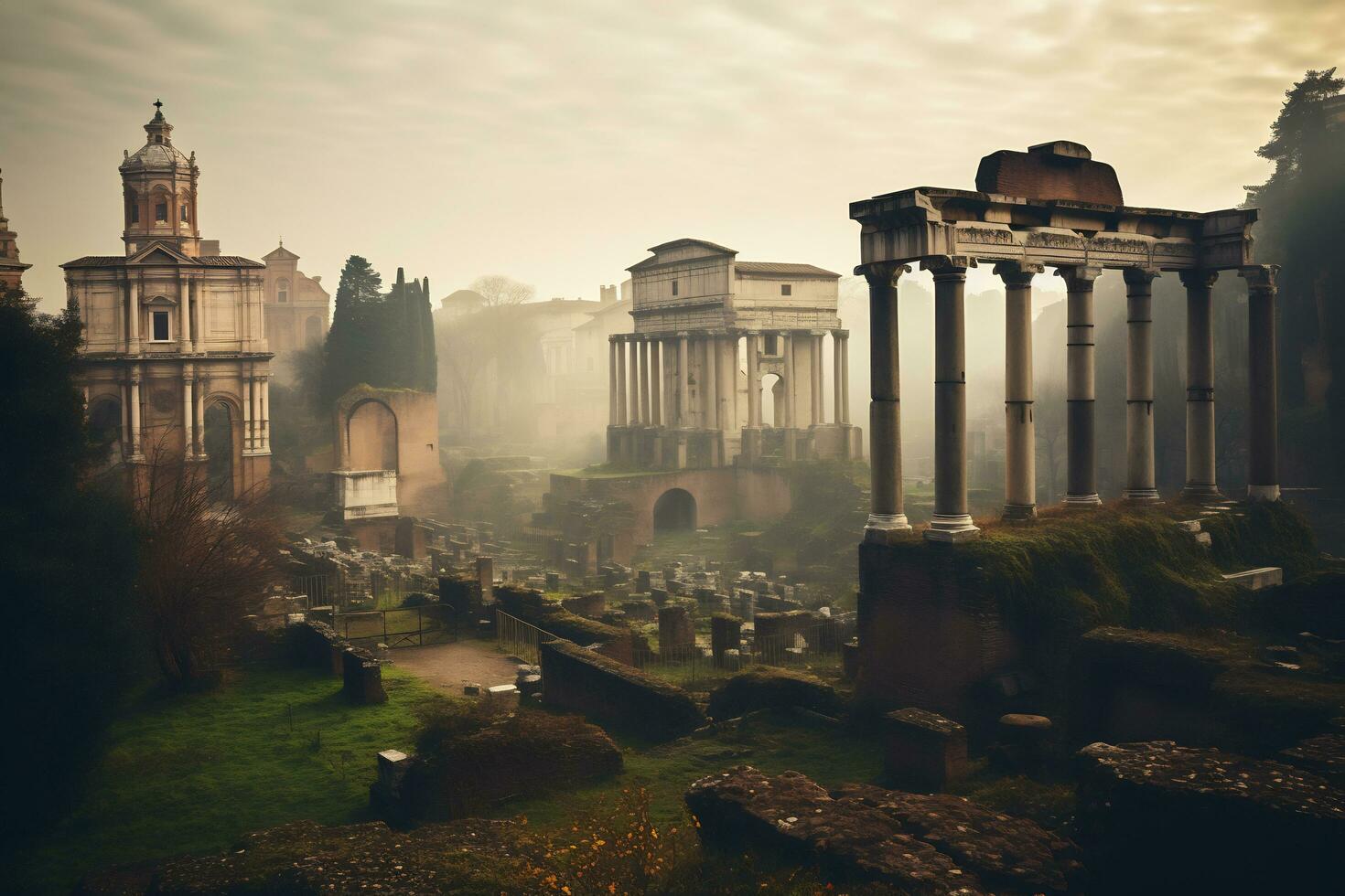 antico romano rovine a il romano Forum generativo ai foto