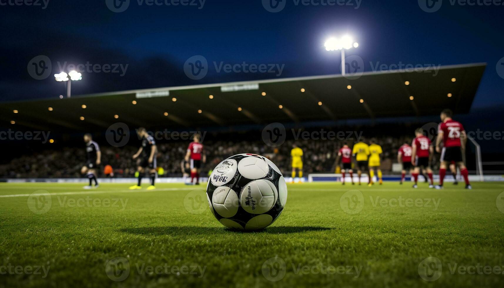 foto di un' palla nel il mezzo di un' calcio campo generativo ai