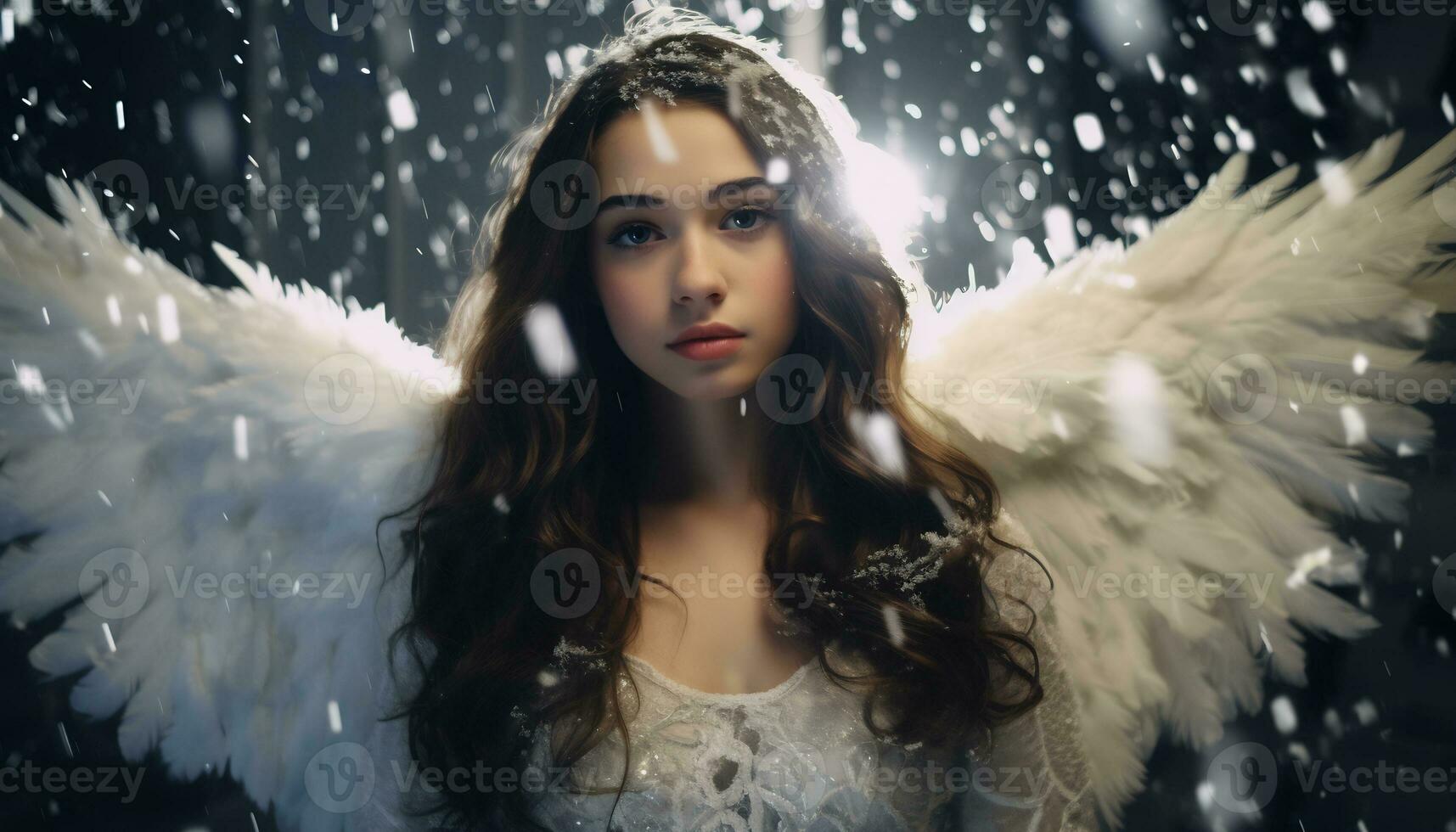 innocente giovane ragazza con lungo biondo capelli con angelo ala ai generativo foto