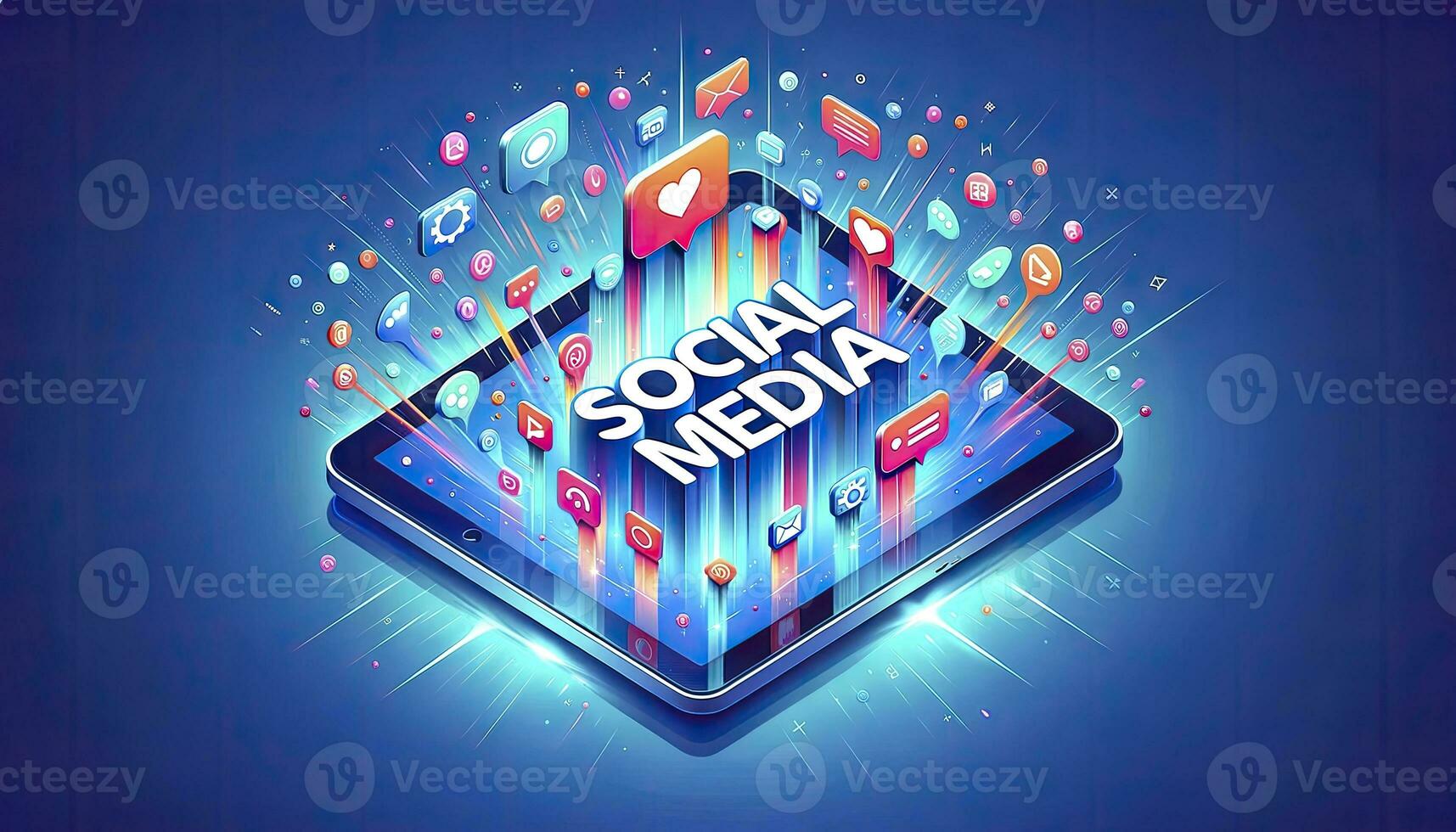un' digitale tavoletta visualizzazione sociale media con colorato travi di leggero in mostra vario sociale media icone. ai generativo foto