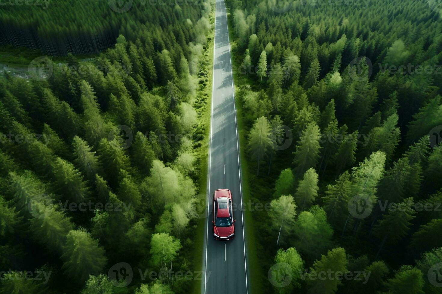 aereo Visualizza di verde foresta e rosso auto su il strada. uccelli occhio. generativo ai. foto