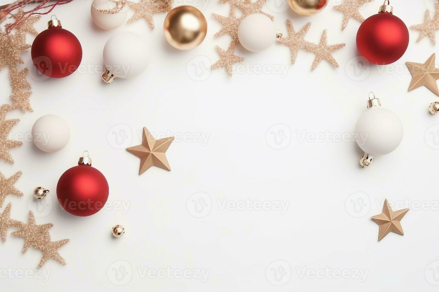 Natale composizione. Natale palle, beige e rosso decorazioni su bianca sfondo. piatto posizione, superiore Visualizza, copia spazio. generativo ai. foto