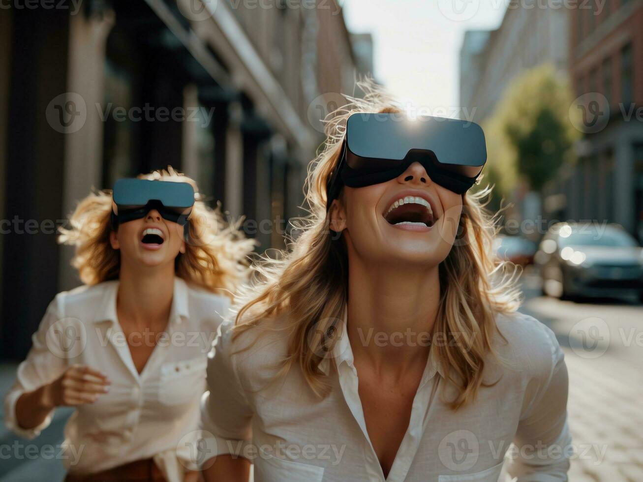 eccitato donne indossare vr occhiali. ai generativo foto