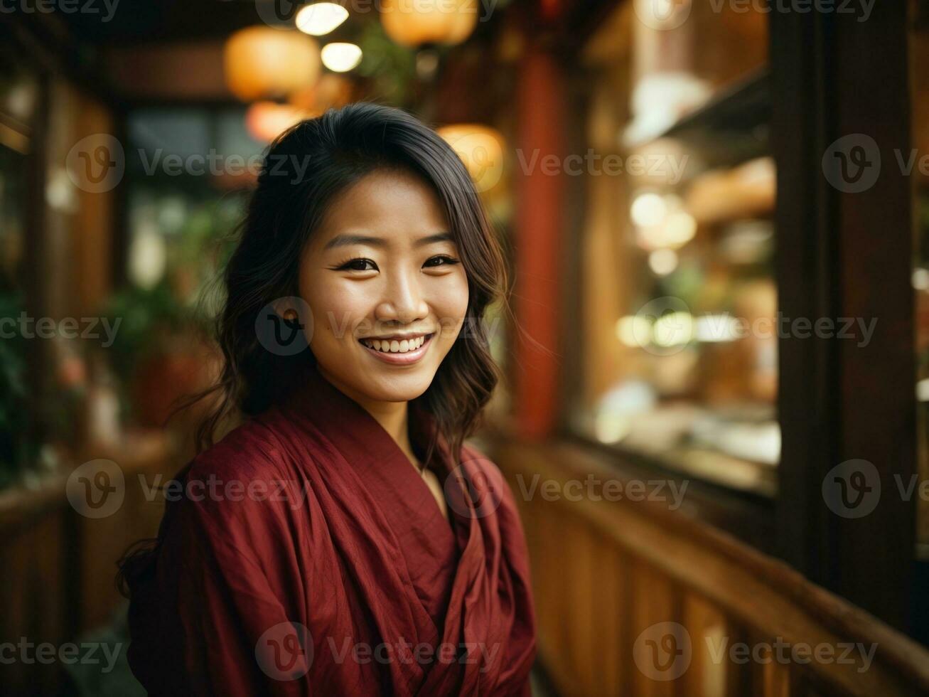 contento sorridente asiatico donne ritratto nel rosso retrò vestire. generativo ai foto