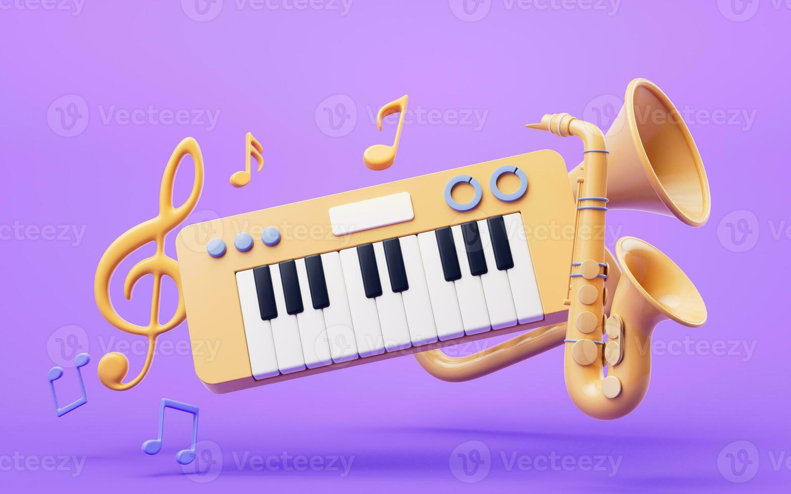 musica strumenti con cartone animato stile, 3d resa. foto