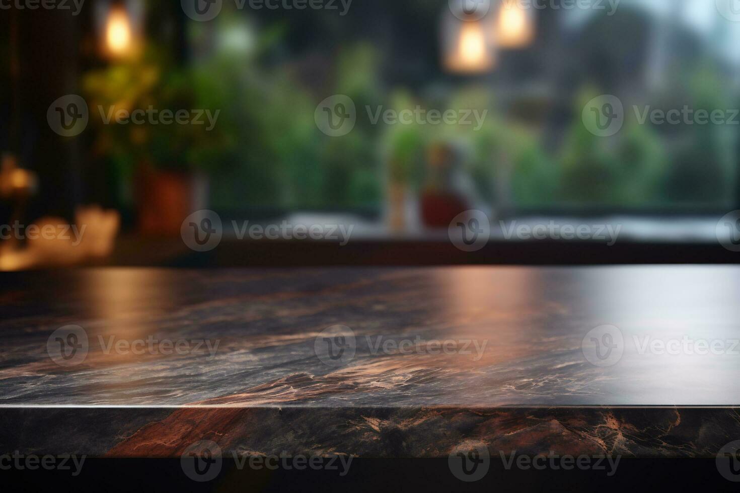 moderno buio marmo tavolo su sfocato cucina panchina sfondo ai generativo foto