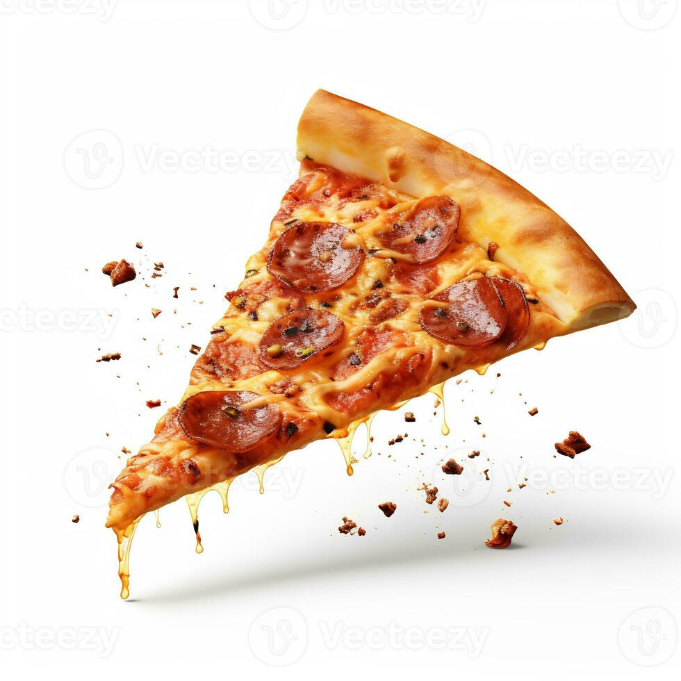 un' delizioso fetta Pizza nel isolato bianca sfondo ai generativo foto