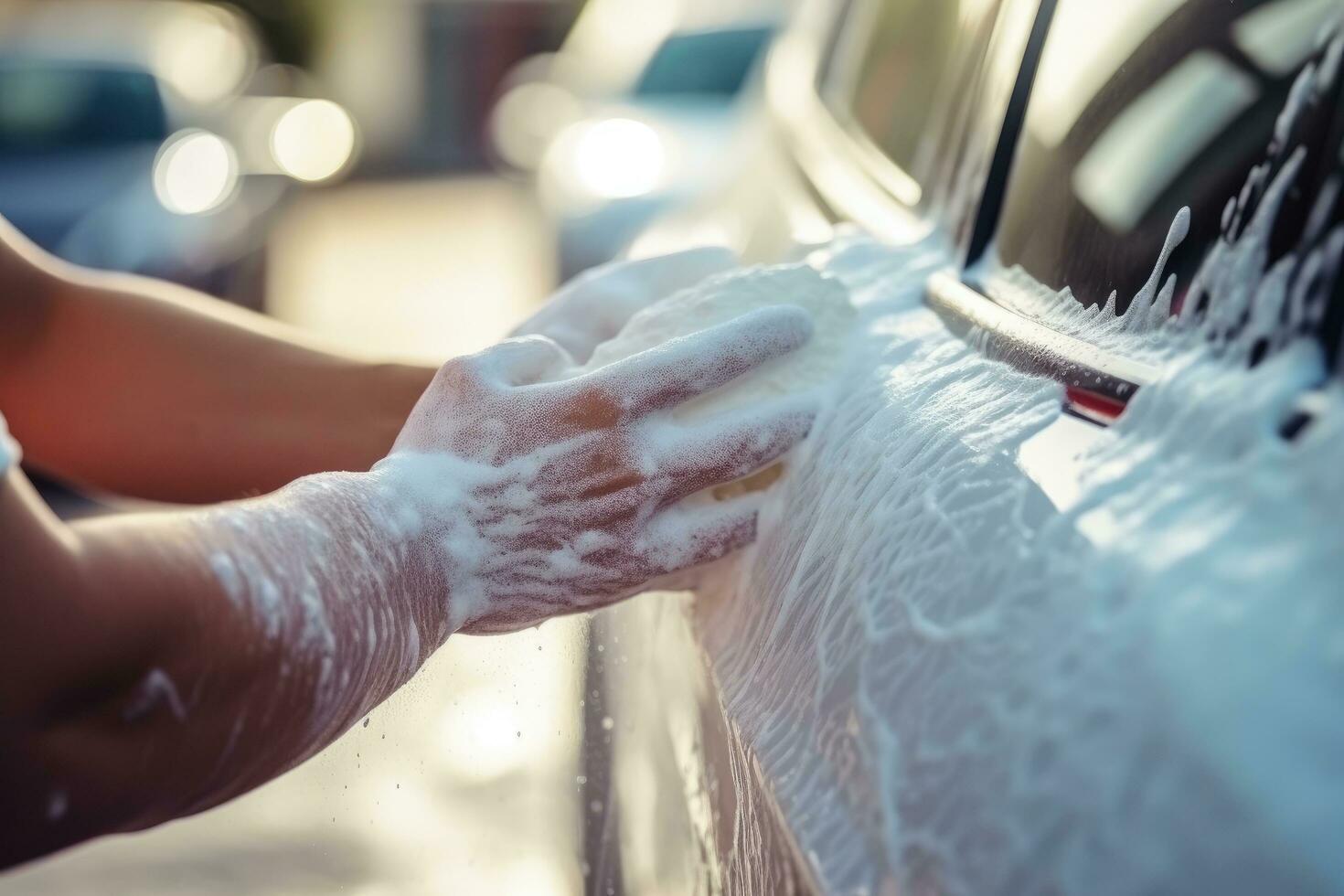 uomo lavaggi il auto nel il auto lavare con sapone e schiuma, Manuale auto lavare con bianca sapone, e schiuma su il corpo. lavaggio auto utilizzando alto pressione acqua, ai generato foto