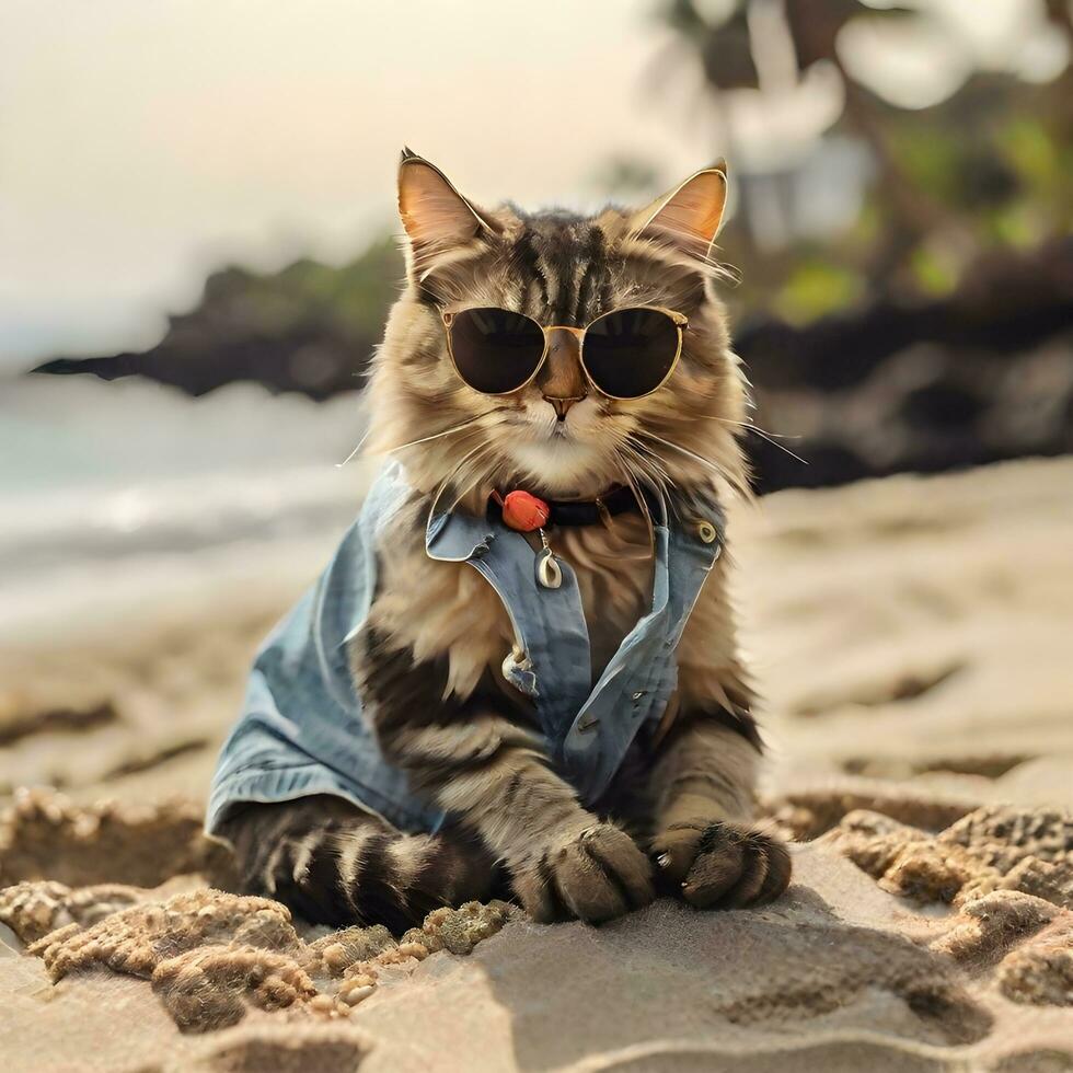 un' gatto indossare occhiali da sole è seduta su il spiaggia ai creare foto
