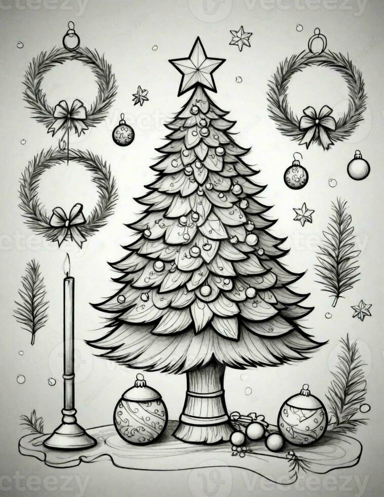 grafica colorazione pagina con Natale albero foto