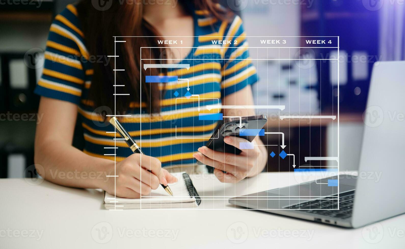 project manager che lavora e aggiorna le attività con la pianificazione dello stato di avanzamento delle pietre miliari e il diagramma di pianificazione del diagramma di Gantt. affari che lavorano con smartphone, tablet e laptop foto