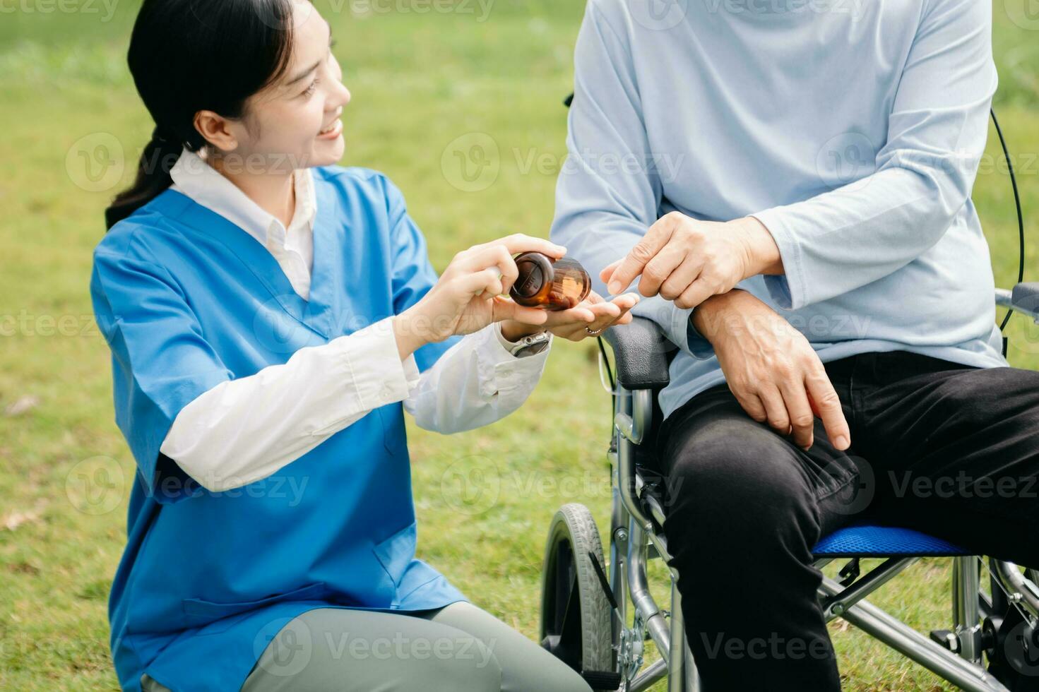 anziano asiatico anziano donna su sedia a rotelle con asiatico attento badante e incoraggiare paziente, a piedi nel giardino. con cura a partire dal un' badante foto