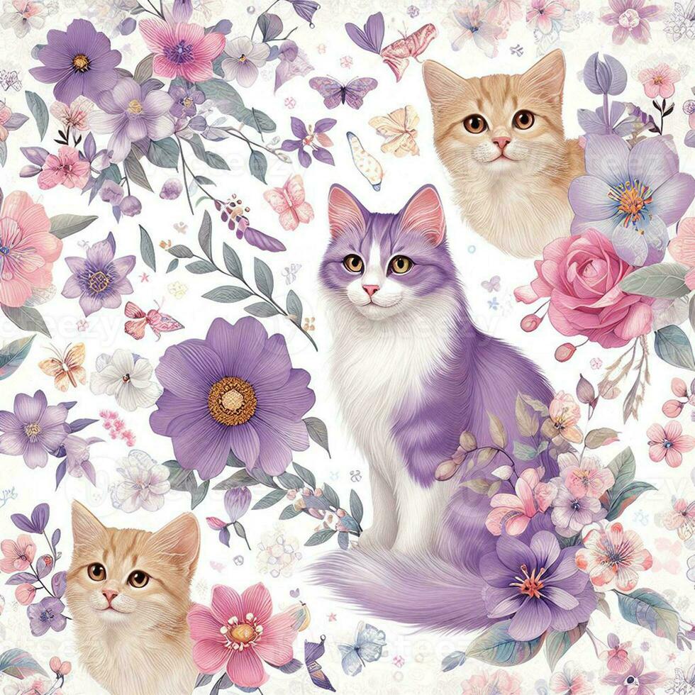 bellissimo primavera floreale senza soluzione di continuità modelli insieme a, carino gatti fiori le foglie viola e rosa su bianca sfondo. mano disegnare foto
