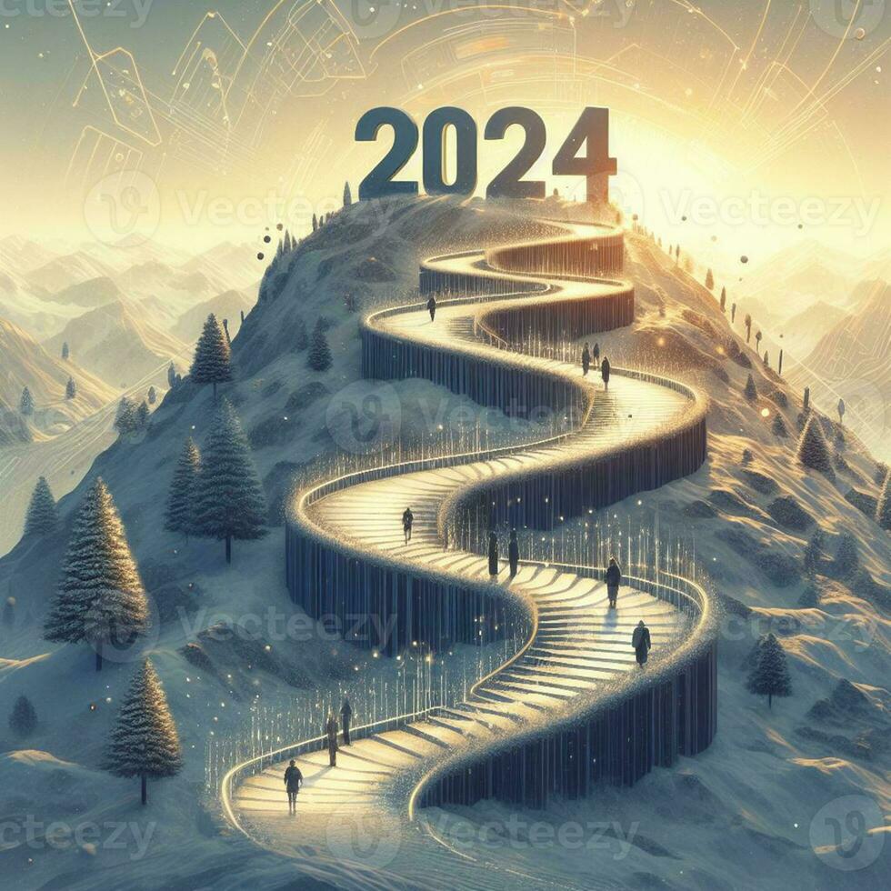 uomo d'affari a piedi su scala per il superiore di il collina con luce del sole o dayray imprese concetto di 2024 foto