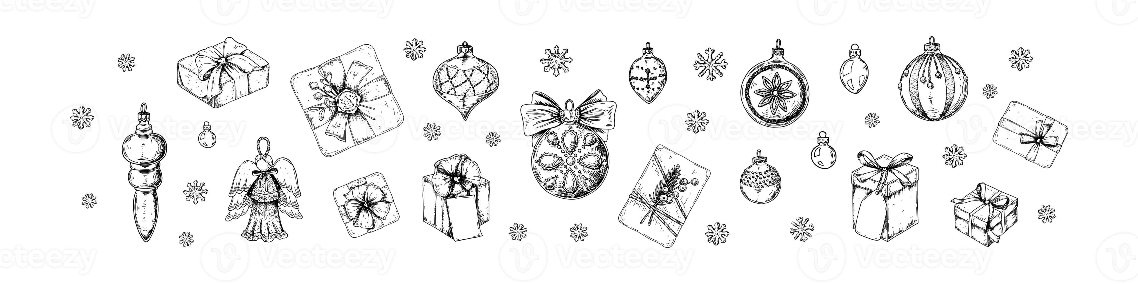 impostato di allegro Natale snd contento nuovo anno decorazione. Natale albero palle, angelo figura, stelle e regalo scatole nel schizzo stile. design per saluto carte, certificati, vacanza inviti foto