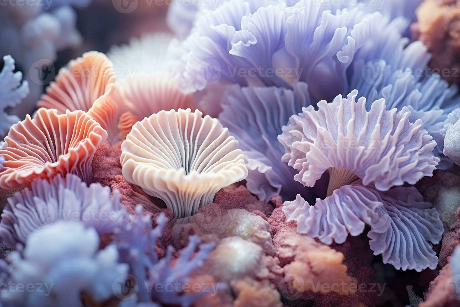 estremo avvicinamento di fungo coralli nel dolce viola colori. astratto sfondo di macro mare vita. ai generato foto