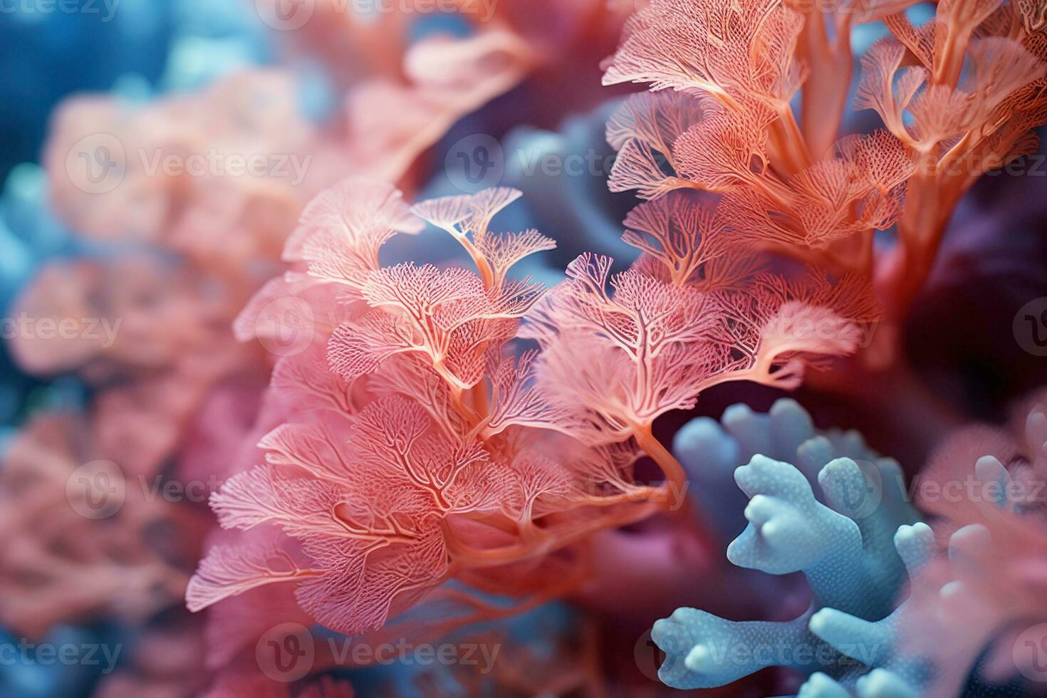 estremo avvicinamento di corallo cespugli mostrando il struttura di esso con altamente dettagliato e vivido colori. ai generazione foto