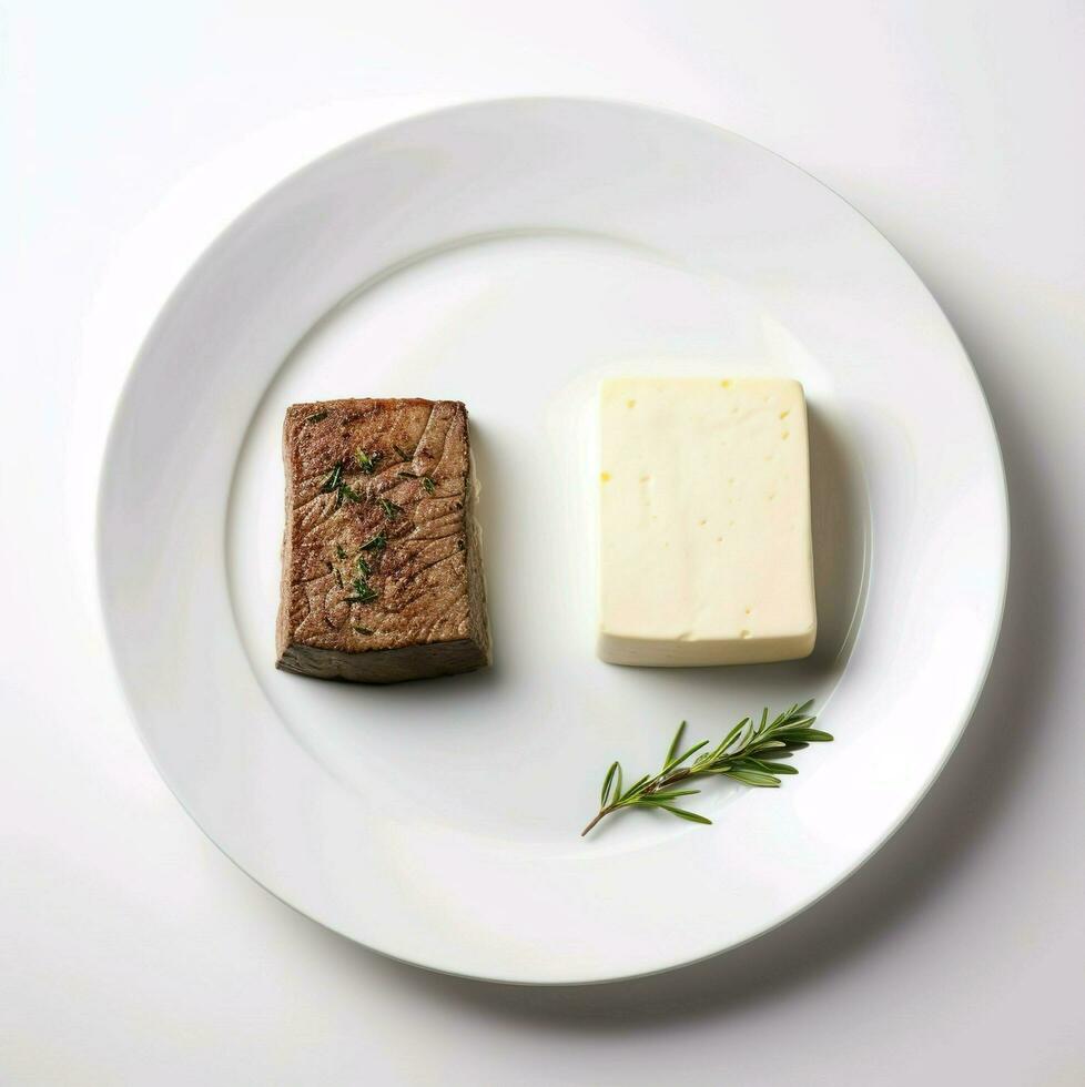 Schermo di Marrone e bianca tofu su il piatto di ai generato foto