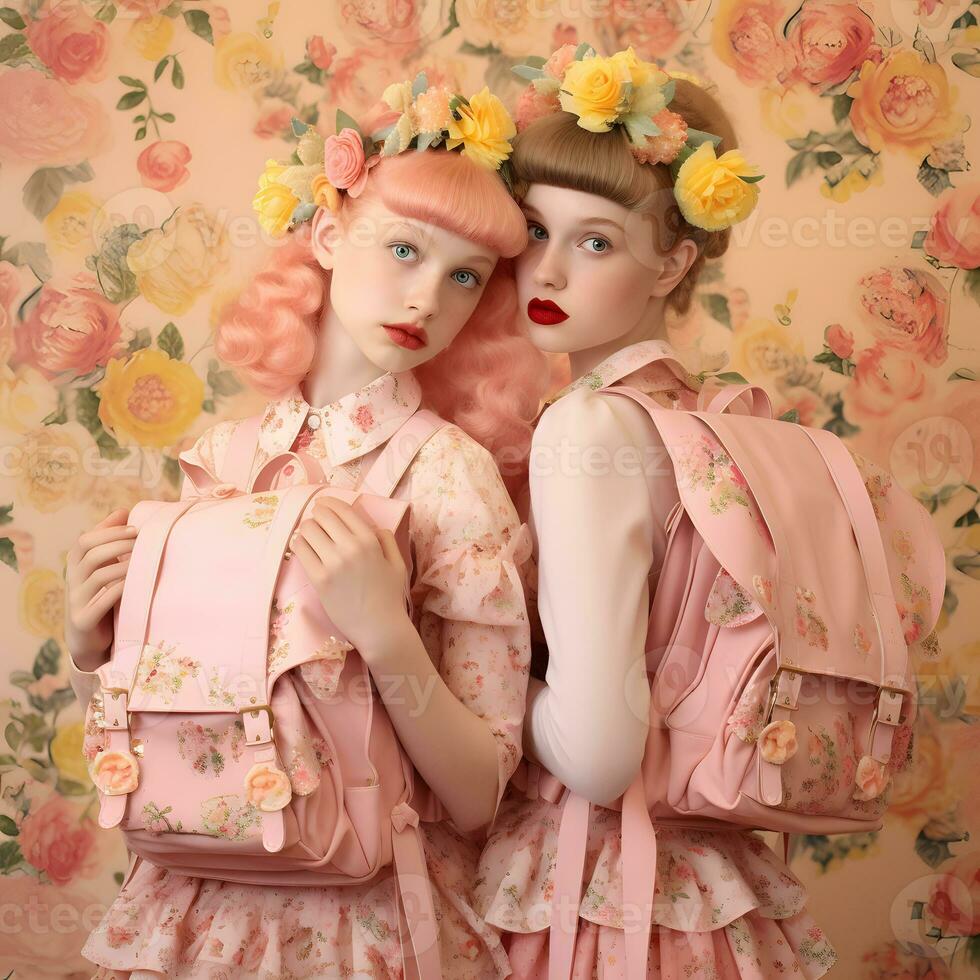Due ragazze con scuola borse ai generato foto